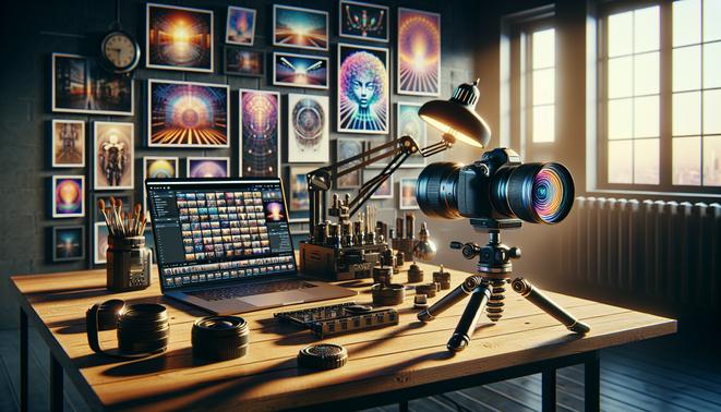 alt_text: Współczesne studio fotograficzne z zaawansowanym sprzętem i AI w edytowaniu zdjęć.