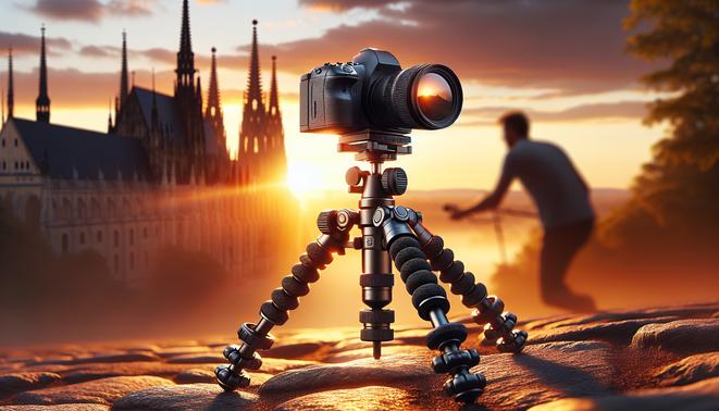 alt_text: Tripod in serene sunset, showcasing stability and detail, with a photographer adjusting camera.