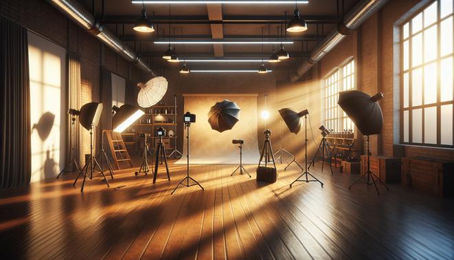 alt_text: Studio fotograficzne z softboxami, parasolami i reflektorami w ciepłej atmosferze.