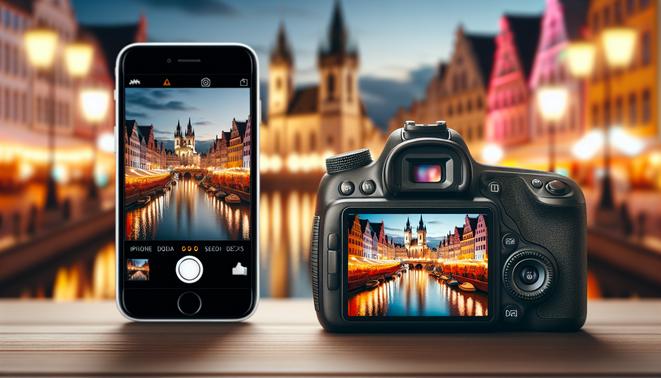 alt_text: Porównanie zdjęć: rozmyte ujęcie z iPhone'a vs. wyraźna fotografia z aparatu DSLR.